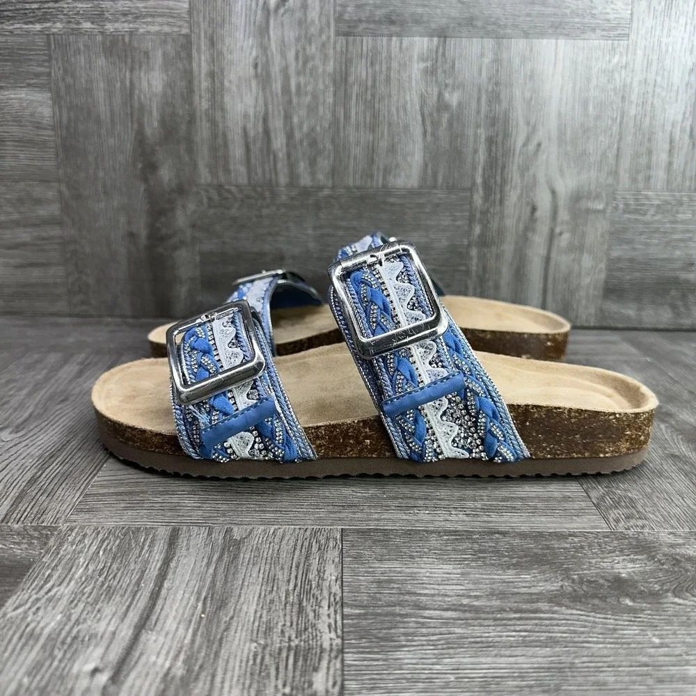 Madden Girl Sandals Women Size 7 Blue Boho Embroidered Sequin Cork Slides NEW